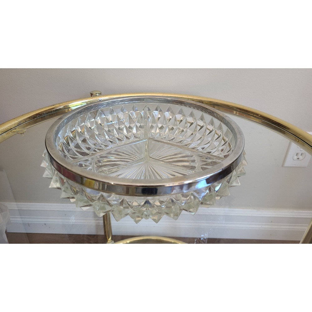 Vintage Cut Glass 3 Section Divided Relish Dish Silver Rim Hobnail‎ Diamond 8"